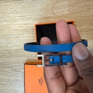 Hermes Blue Leather Bracelet with Silver Buckle